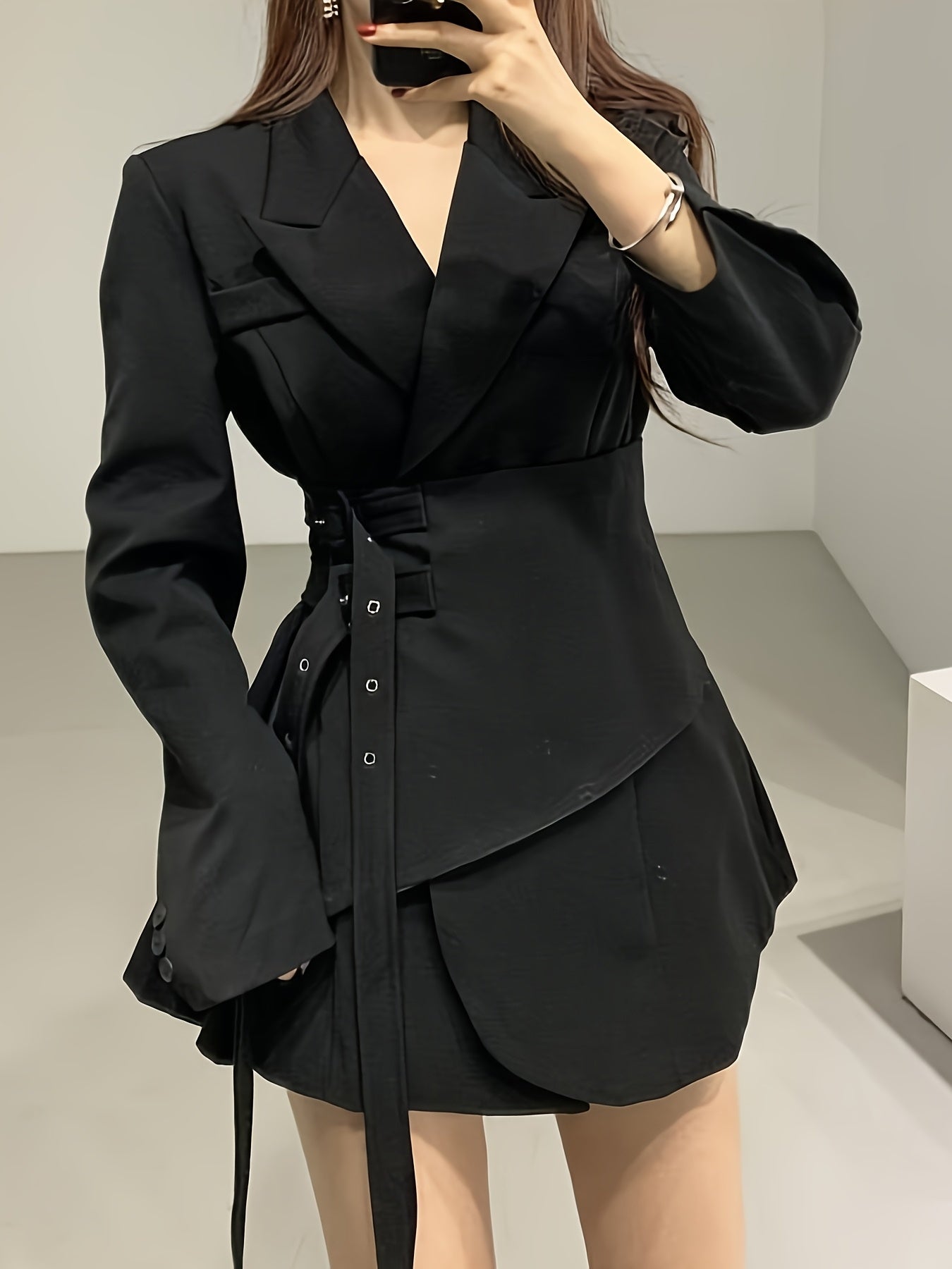 Women'S Elegant Double-Breasted Blazer with Adjustable Double Belt - Chic Notched Lapel, Long Sleeve, Polyester, Perfect for Spring & Fall, Casual Attire|Chic Notched Collar|Polyester Blaze